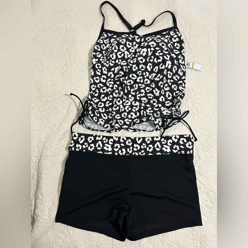 Women's Black and White Leopard Print Tankini